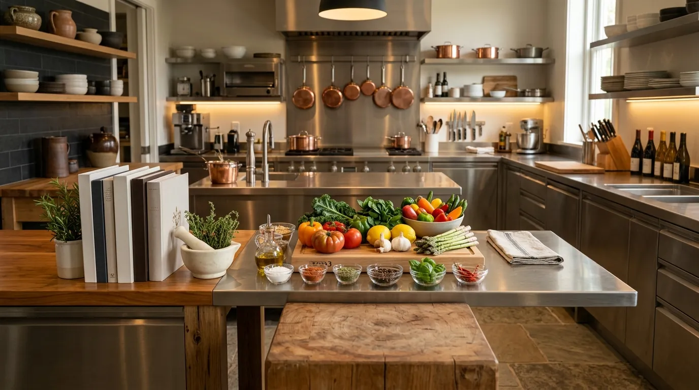 Modern professional kitchen interior with premium food ingredients and cookbooks on counter, organized prep station with fresh products, soft professional lighting, warm hospitality atmosphere