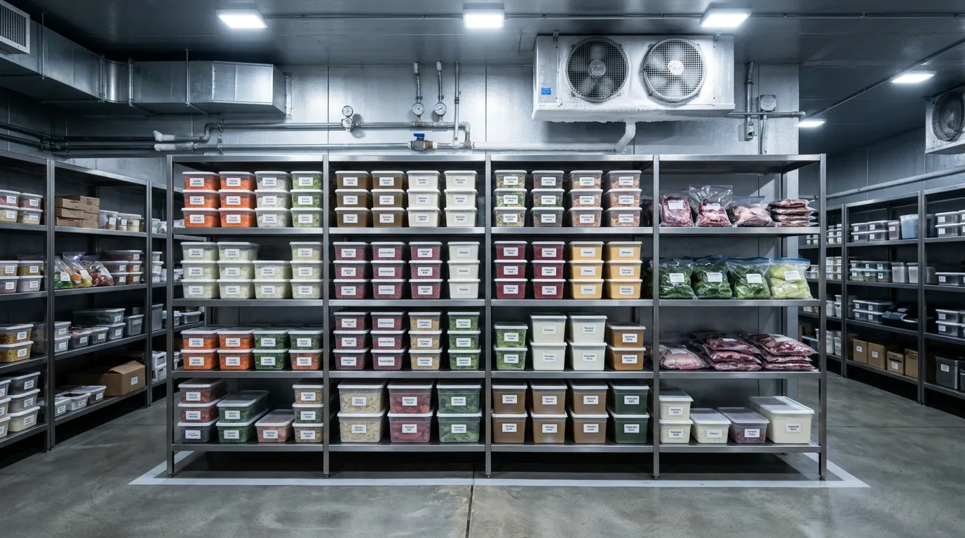Organized cold storage refrigeration unit with precisely labeled food containers and products, climate-controlled warehouse section, stainless steel shelving and hygiene standards visible