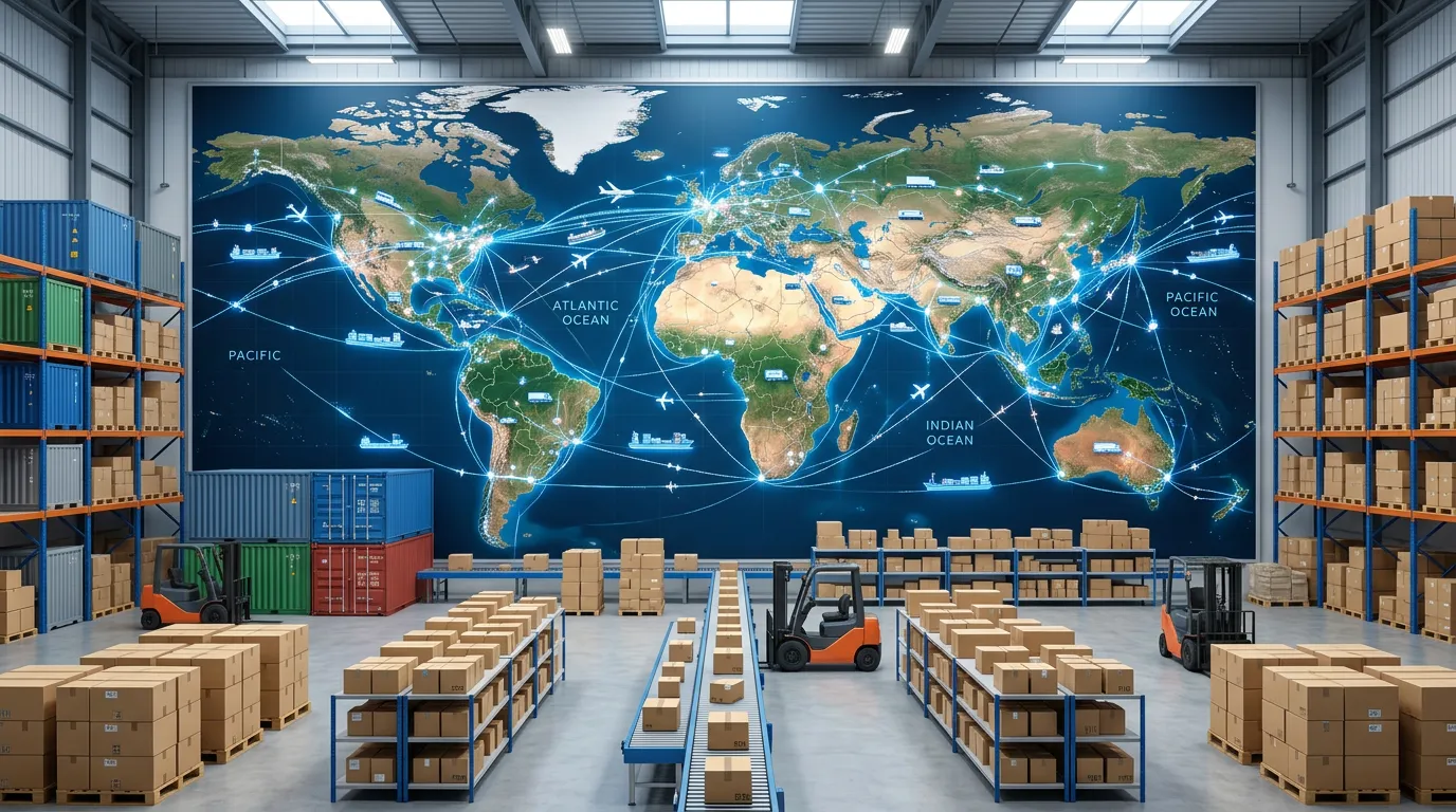 Supply chain visualization – truck or van unloading boxes at a distribution center, loading dock, professional logistics operation, daylight, no people visible