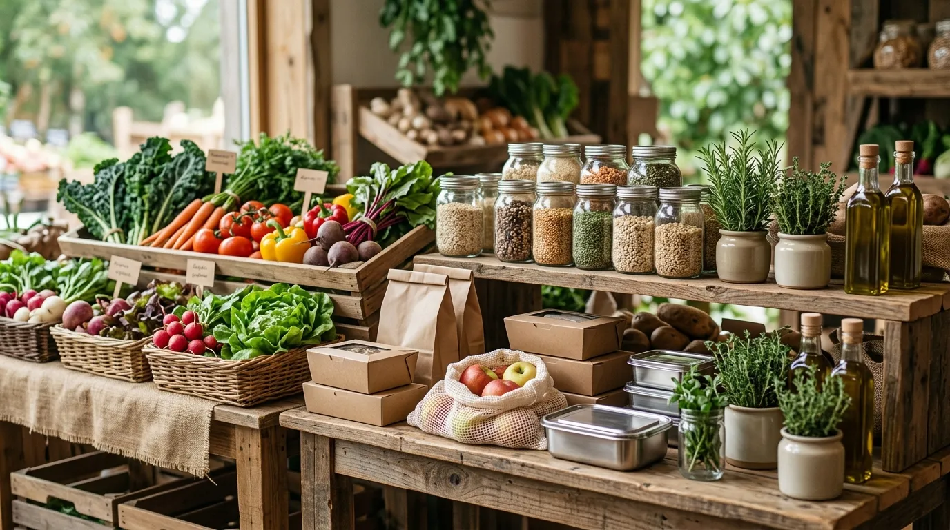 Sustainable food sourcing display with organic produce, eco-friendly packaging materials, recycled containers and natural products arrangement, earth tones and green aesthetic