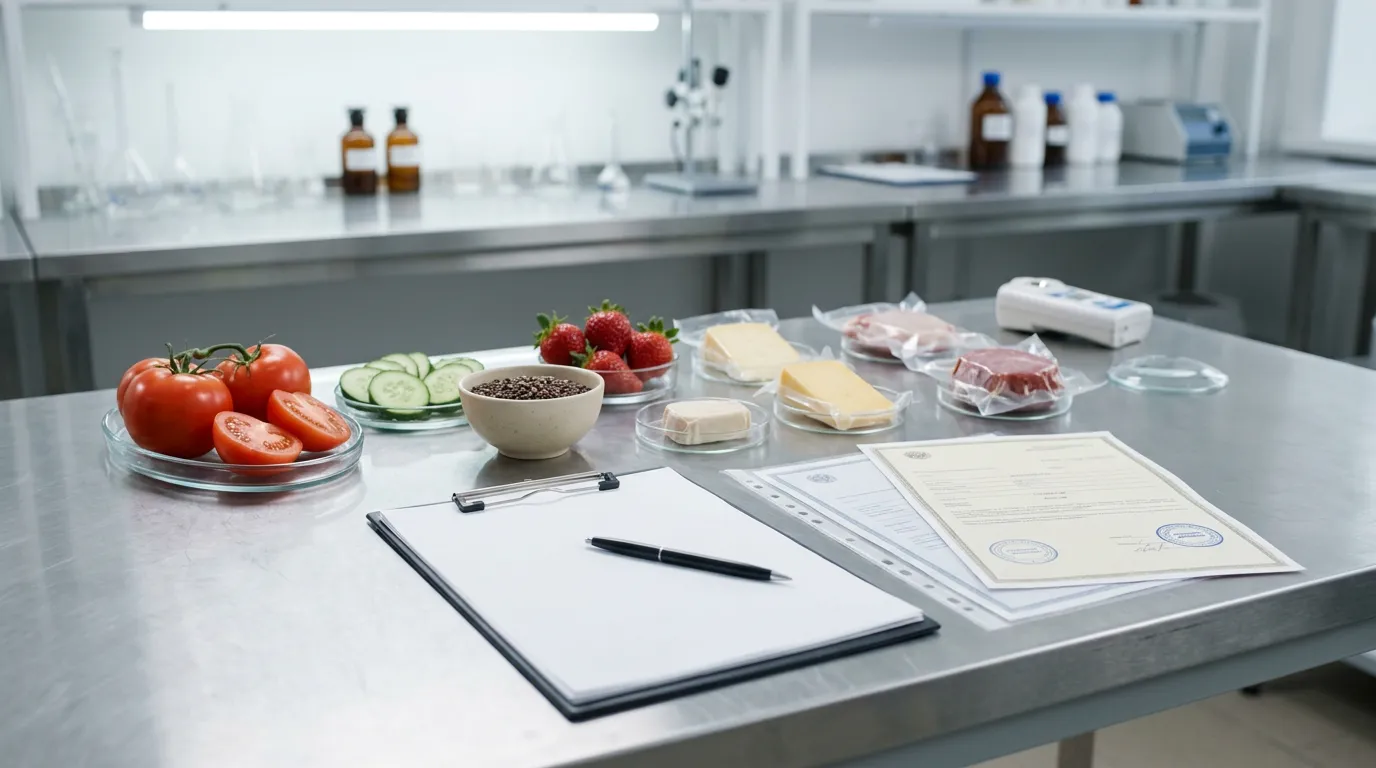 Close-up of quality control inspection, hands-free view showing food products on testing table with certificates and clipboard, laboratory-like setting with controlled lighting